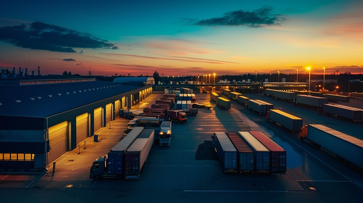 Cargo trucks lined up in a logistics hub at sunset